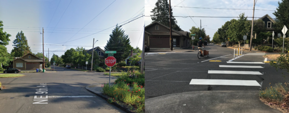 Before and after of intersection at NE Ainsworth Street and 9th Avenue and improved crosswalk.