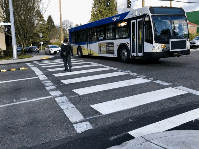 GIF of a pedestrian walking across a signal intersection as a TriMet bus drives parallel.