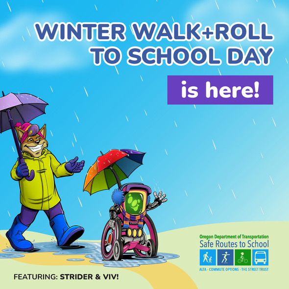 An illustrated fox and robot holding umbrellas in the read with text, "WINTER WALK + ROLL TO SCHOOL DAY is here!" 