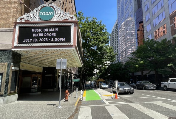 SW Broadway at Main, looking north. The new passenger zones will be similar to this platform at the Arlene Schnitzer Concert Hall completed last year.