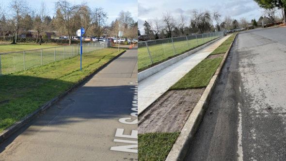 Before (left) and after (left) photos of a sidewalk infill project near an elementary school.
