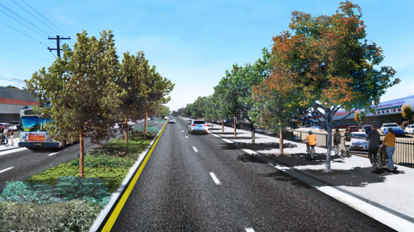 Rendering of view south by SF Supermarket shows planned wider sidewalk with trees