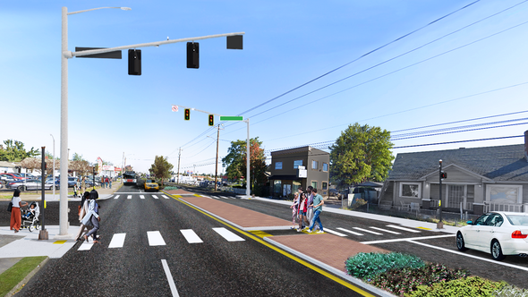 This rendering shows an example of an intersection with pedestrian safety improvements including crossing beacons
