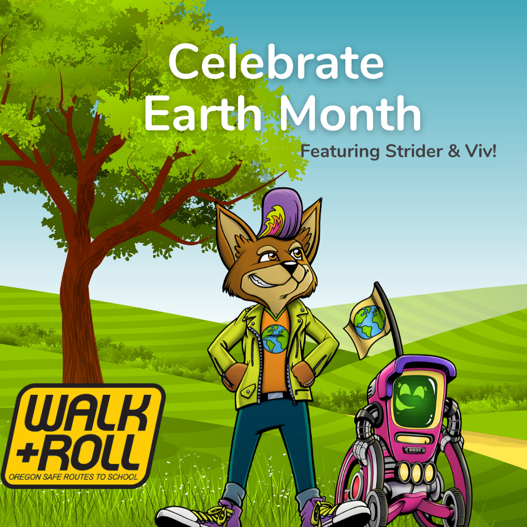 A colorful illustration of a fox and robot on a hilly field with text, "Celebrate Earth Month Featuring Strider & Viv!"