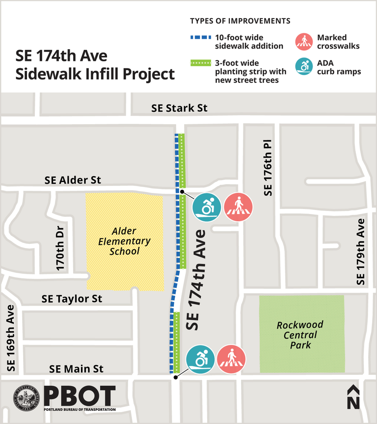 A map showing the project area for the SE 174th sidewalk infill project between Stark and Main streets.