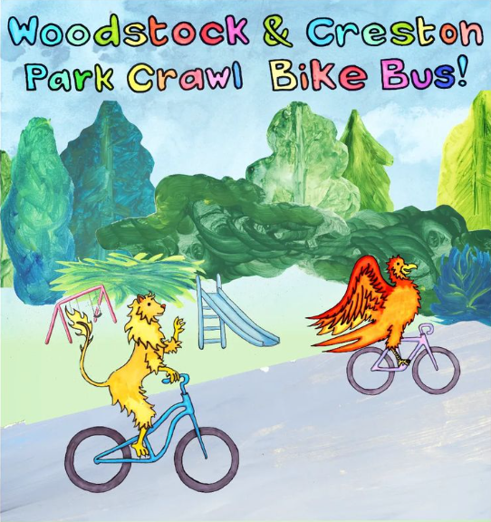 Colorful multimedia illustration of a lion and an eagle riding bikes in front of a playground with text, "Woodstock & Creston Park Crawl Bike Bus!"
