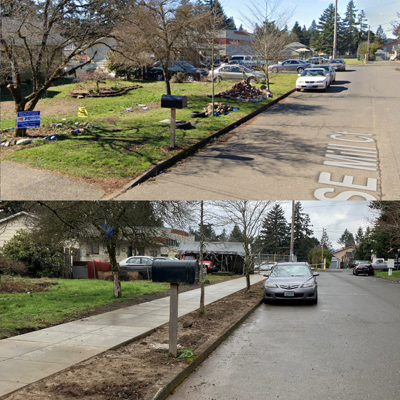 Two images of the side of a street in a residential neighborhood showing before (top) and after (bottom) a new sidewalk was constructed.