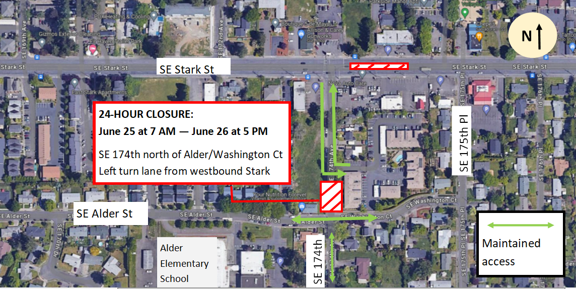 Project area map showing road closure north of SE Alder St from June 25 until June 26.