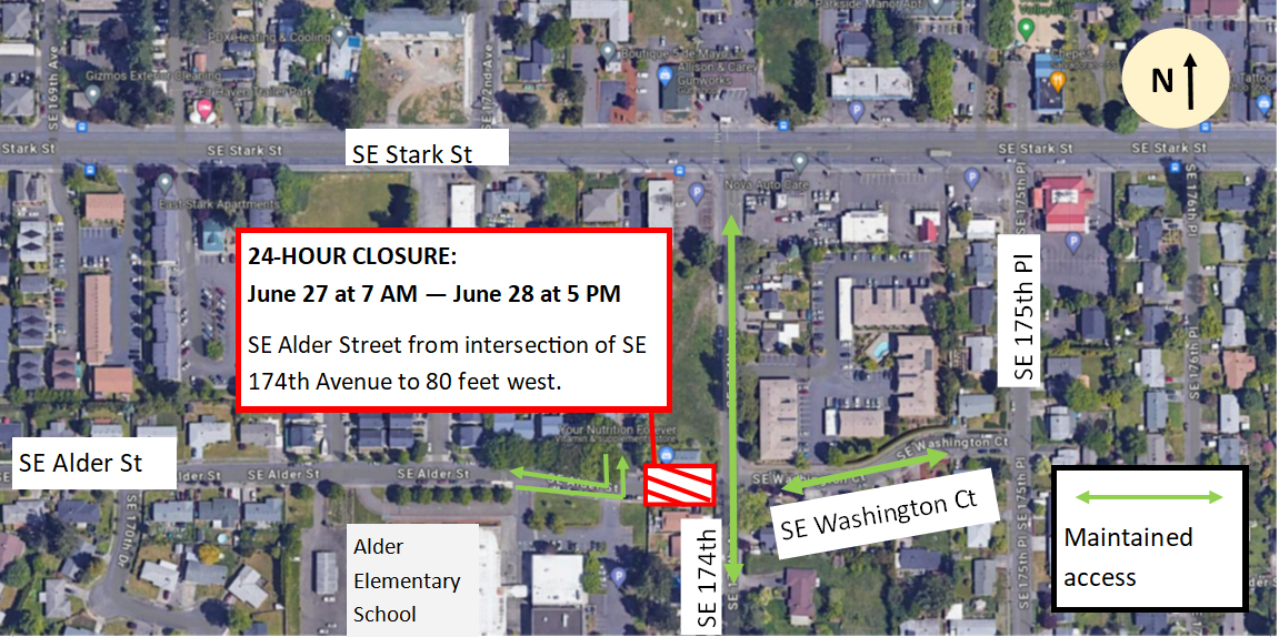 A project area map showing full closure on SE Alder Street west of 174th Avenue from June 27-28.