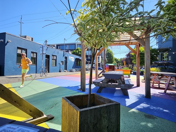 Rainbow road plaza on a sunny day