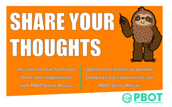 A banner for the Plaza Survey. It shows a sloth cartoon and the words "share your thoughts".
