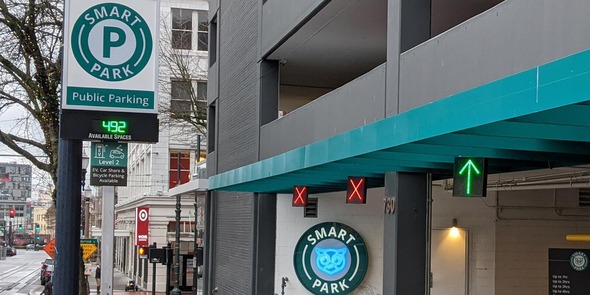The entrance to the 10th and Yamhill parking garage on SW 10th Avenue in downtown Portland.