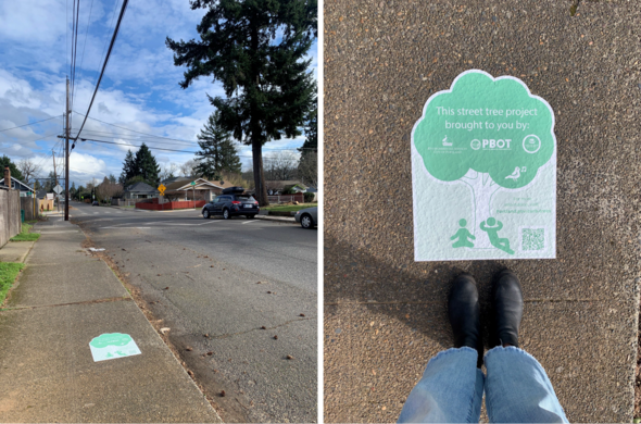 Sidewalks stickers mark where future trees will be planted along the curb on SE Duke Street