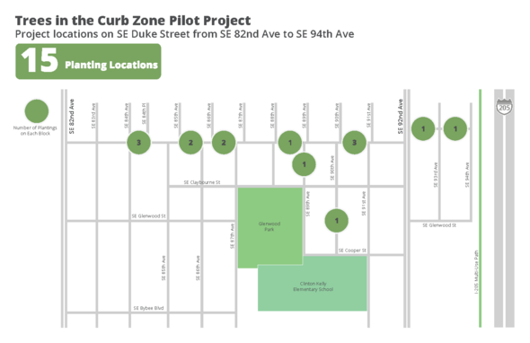 A map showing the locations and number of plantings per block for Phase One of the Trees in the Curb Zone Pilot Project.