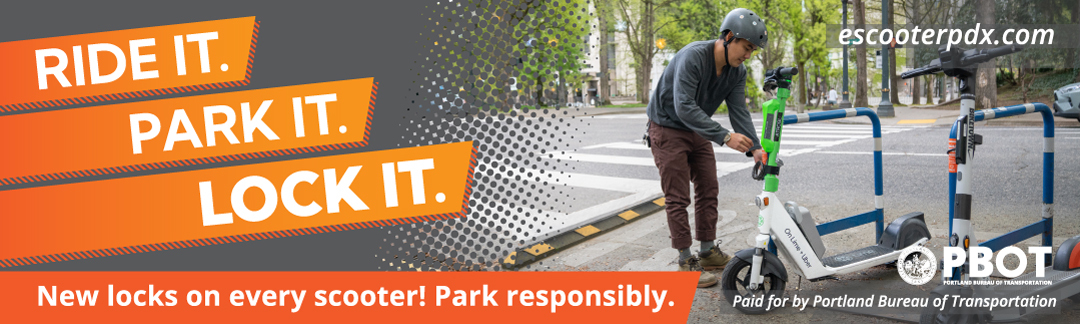 Image planned for bus benches shows the e-scooter Ride It Park It Lock It campaign