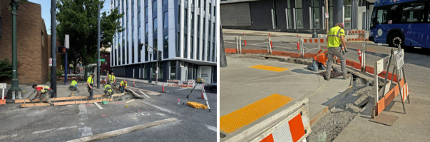 Accessible curb ramps being built along Fourth Avenue in downtown Portland.