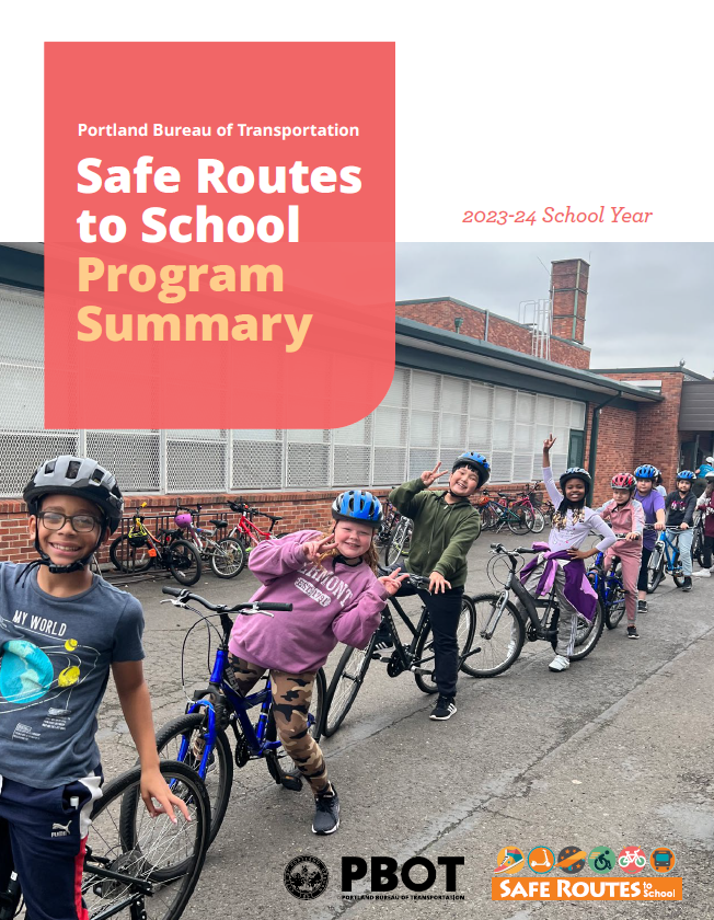 The cover of the Safe Routes to School Program Summary 2023-24 report with an image of a group of elementary school students on bikes.