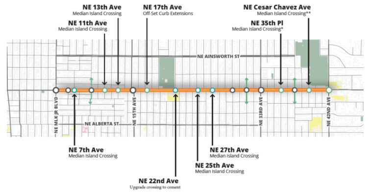 Map of the NE Killingsworth Safer Crossings Project stretching from NE MLK Jr Boulevard to 42nd Avenue.