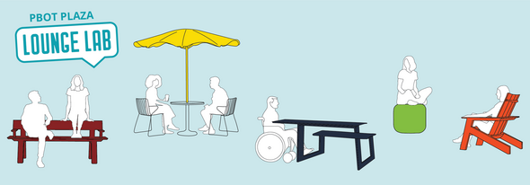 A banner for Lounge Lab Features Silhouettes of people sitting at various types of outdoor furniture.