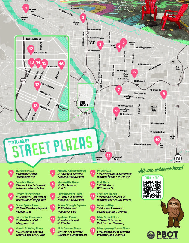 A map of Plaza across Portland with the Tagline: "All are Welcome"