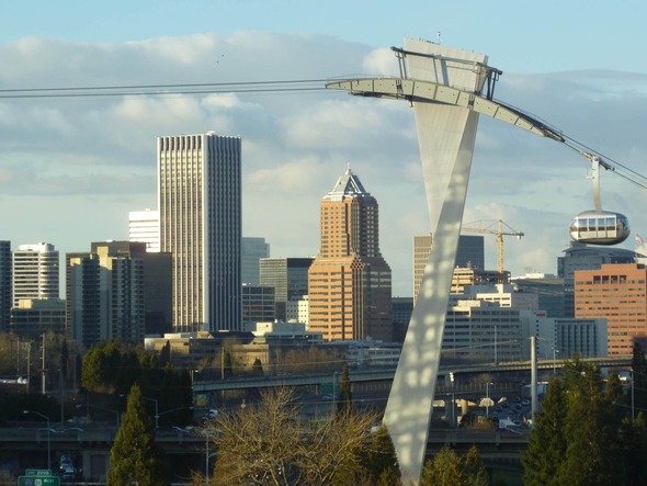 Tram tower with downtown skyline