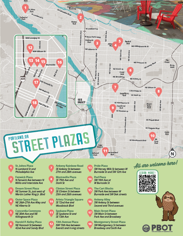 A map showing PBOT plazas around the city featuring the PBOT Sloth Mascot. The tagline states, all are welcome here.