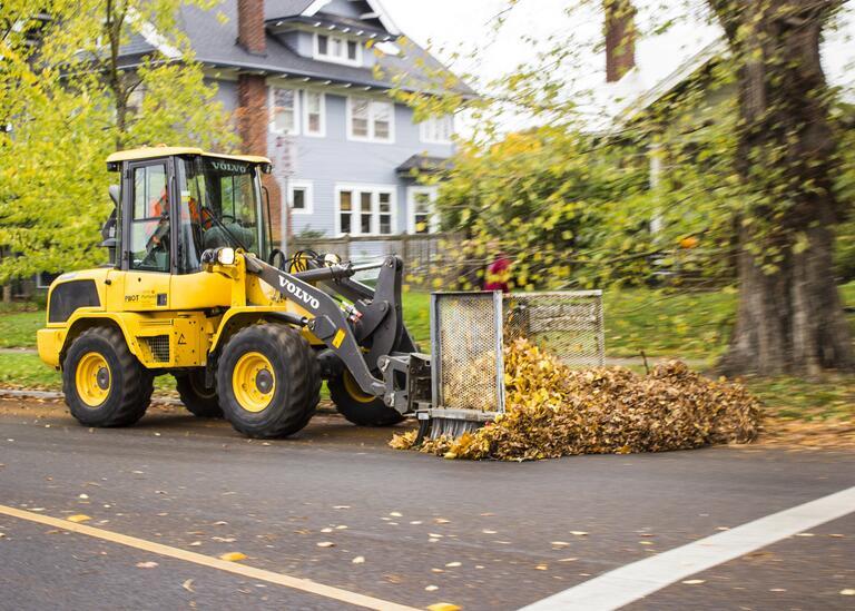 A yellow forklift picks-up a large pile of golden, dried, leaves on a neighborhood street.