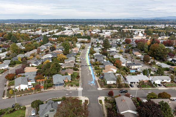 A drone view of the 131st street painting. The mural stretches for 1/8th of a mile through an East Portland residential neighborhood.