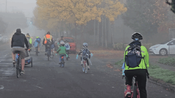 Several adults and children ride bikes and scooters through a neighborhood street on a foggy morning.