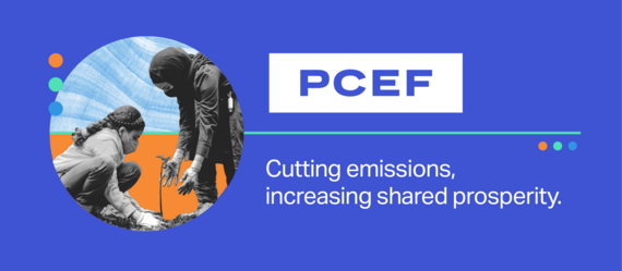 PCEF logo with group photo and text "cutting emissions, increasing shared prosperity"