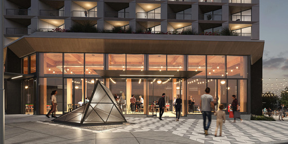 New building illustration with triangular sculpture in foreground
