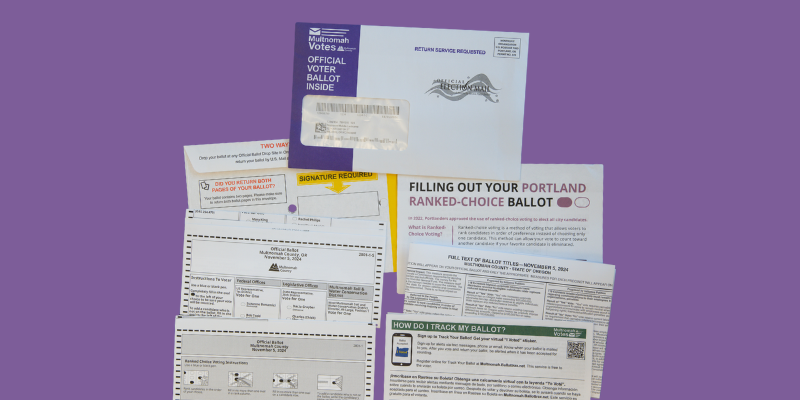 2024 voter's pamphlet with a ballot, return envelope, ballot insert, and tips page