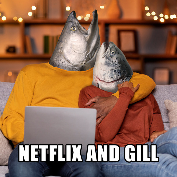 Heads of a salmon photoshopped onto a couple cozy on the couch watching a movie. Text says, "Netflix and Gill."