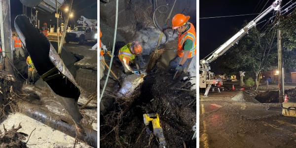 Portland Water Bureau crews repairing a main break in Northwest Portland overnight