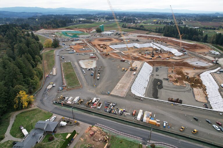 Aerial of construction site of Portland Water Bureau's Bull Run Filtration facility