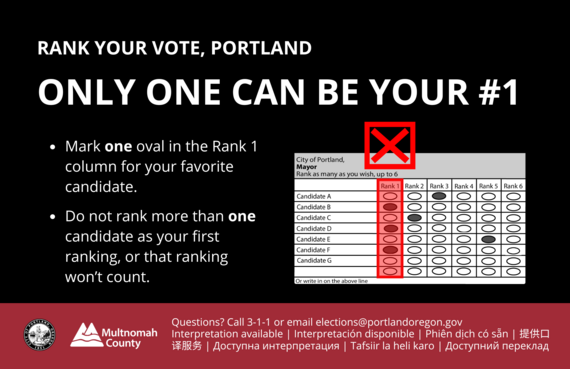 Ballot with incorrect marking. It shows 3 bubbles filled in under the rank 1 column.