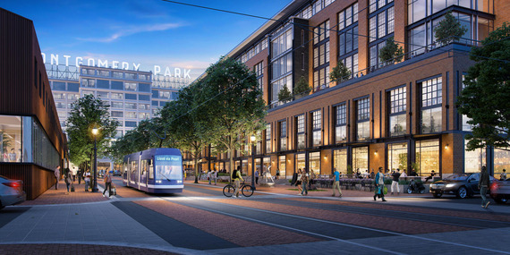 BPS - rendering of Streetcar and mixed-use development buildings with Montgomery Park in background