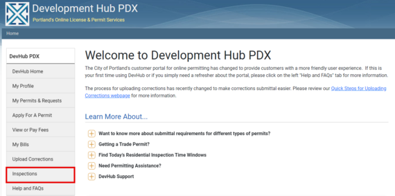 Development Hub PDX login screen with inspections button highlighted