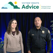 Two people, one of them a police officer in uniform, speak to the camera with the words Victims Rights Advice above