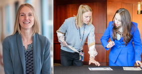 Keelan McClymont, City of Portland Council Clerk, helps with the signing of the oath of office for incoming City Councilor Angelita Morillo. 