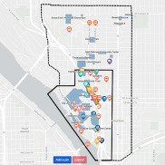 Screenshot of a map with colorful, graphic pins in it.