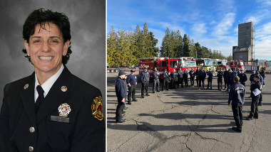 Christine Pezzulo in uniform in left image. Right image is of a group of firefighters in a circle with firetrucks in the background.
