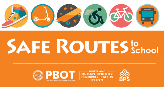 Safe Routes to School logo of different icons of modes of transportation with various other City of Portland logos underneath.