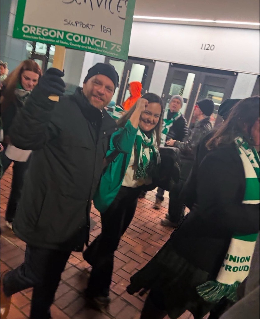 Councilors Green and Koyama Lane join AFSCME 189 at a practice picket