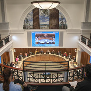View of Portland City Council meeting from the balcony of council chambers