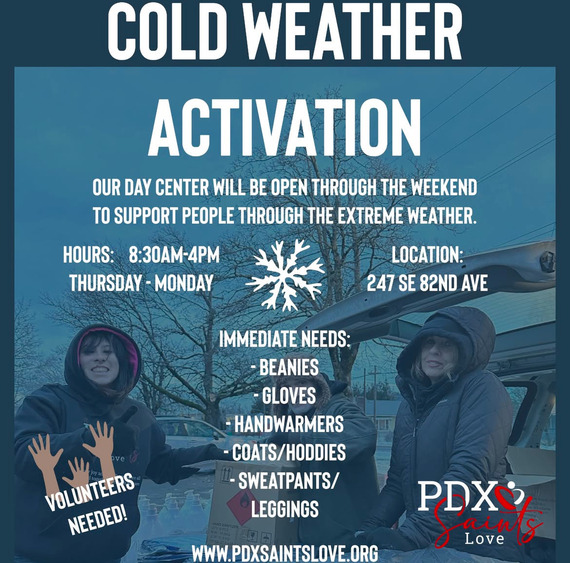 PDX Saints Love Cold Weather Activation - center open 8:30-4 Thu-Mo