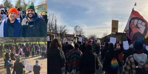 Collage of Reclaim MLK Day with a photo of Councilors Green and Kanal, a crowd at the park, and people marching in the streets