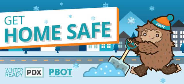 PBOT Get Home Safe logo and snow shovel image with yeti mascot