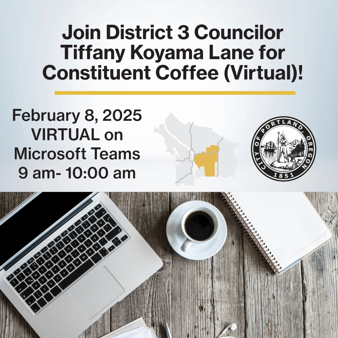 Graphic for Councilor Koyama Lane's constituent coffee this Saturday on Teams at 9am