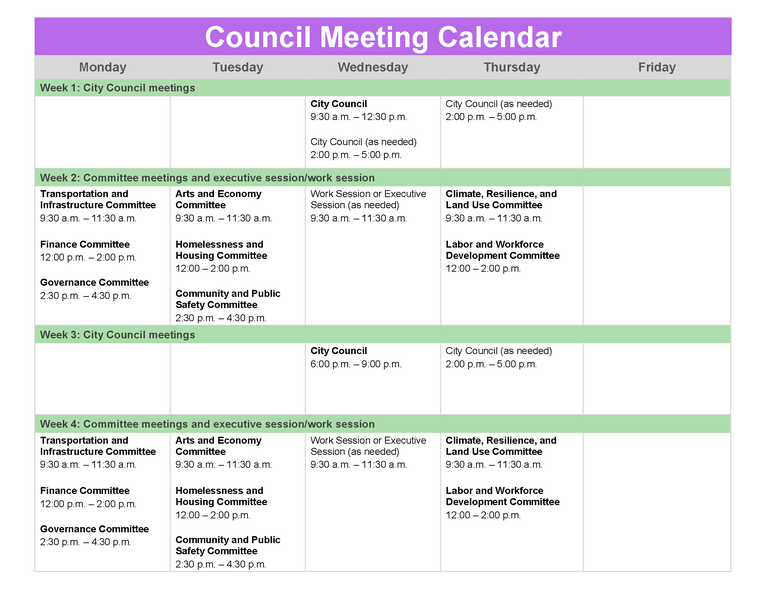 Portland city council committee meeting calendar